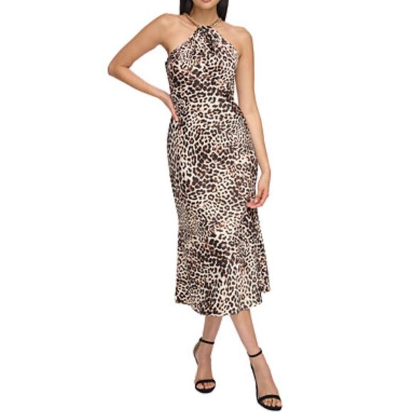 Vince Camuto Multicolor Chain Halter Neck Leopard Satin Midi Dress Size 14 - Picture 1 of 12